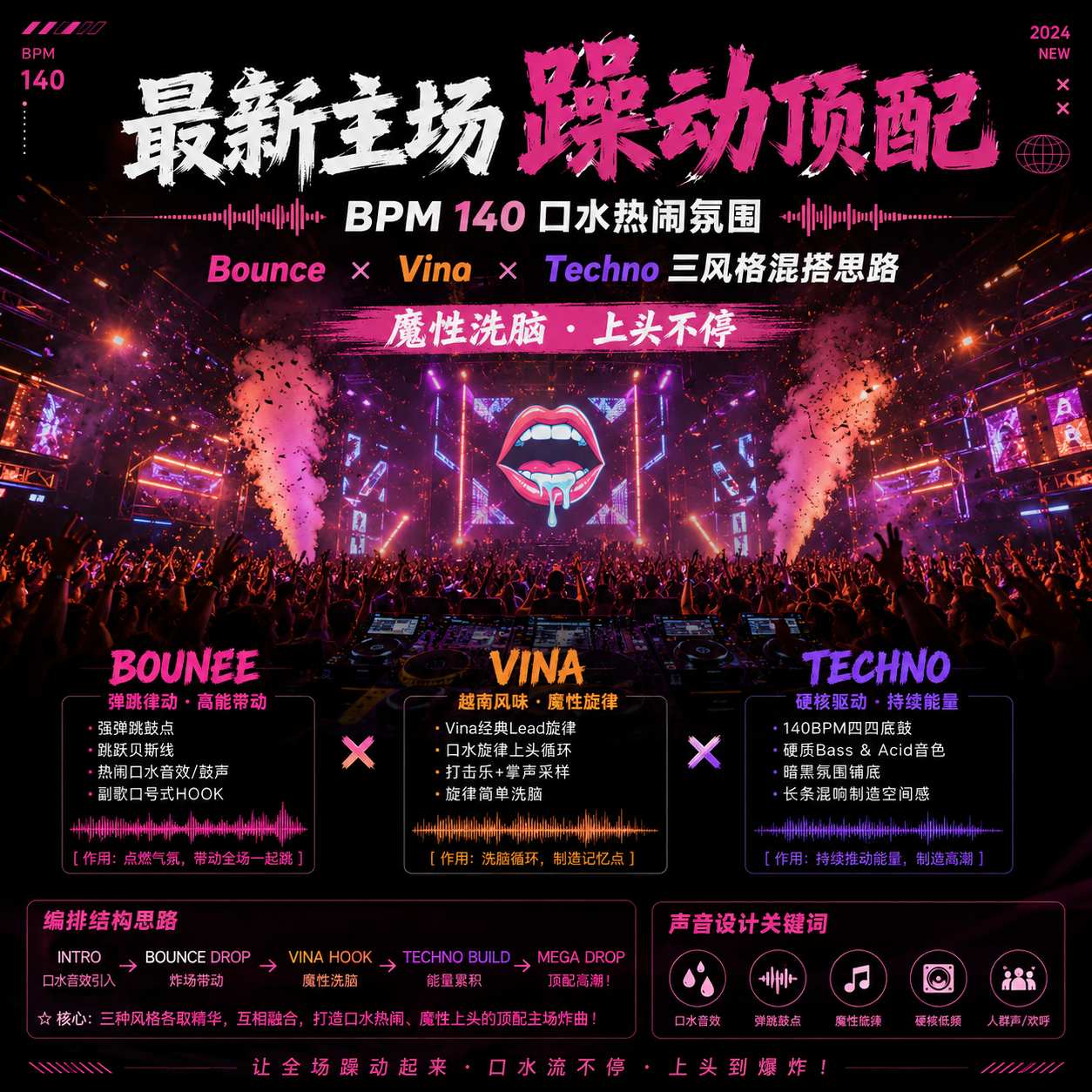 最新主场躁动顶配 BPM140口水热闹氛围Bounce Vina Techno三风格混搭思路 魔性洗脑上头